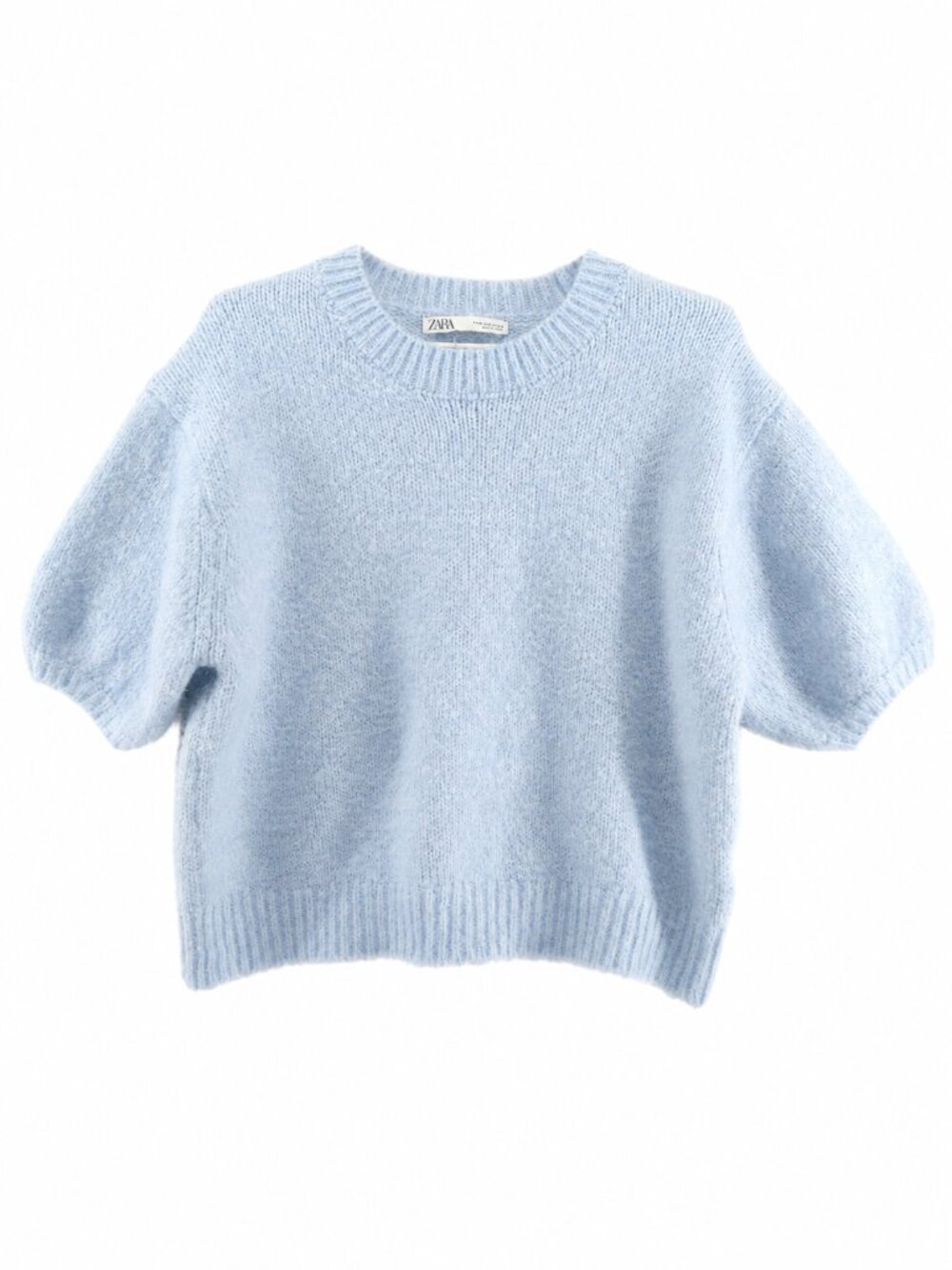 Zara, Boxy Cropped Sweater in Powder Blue, Puff Sleeves, Size Medium